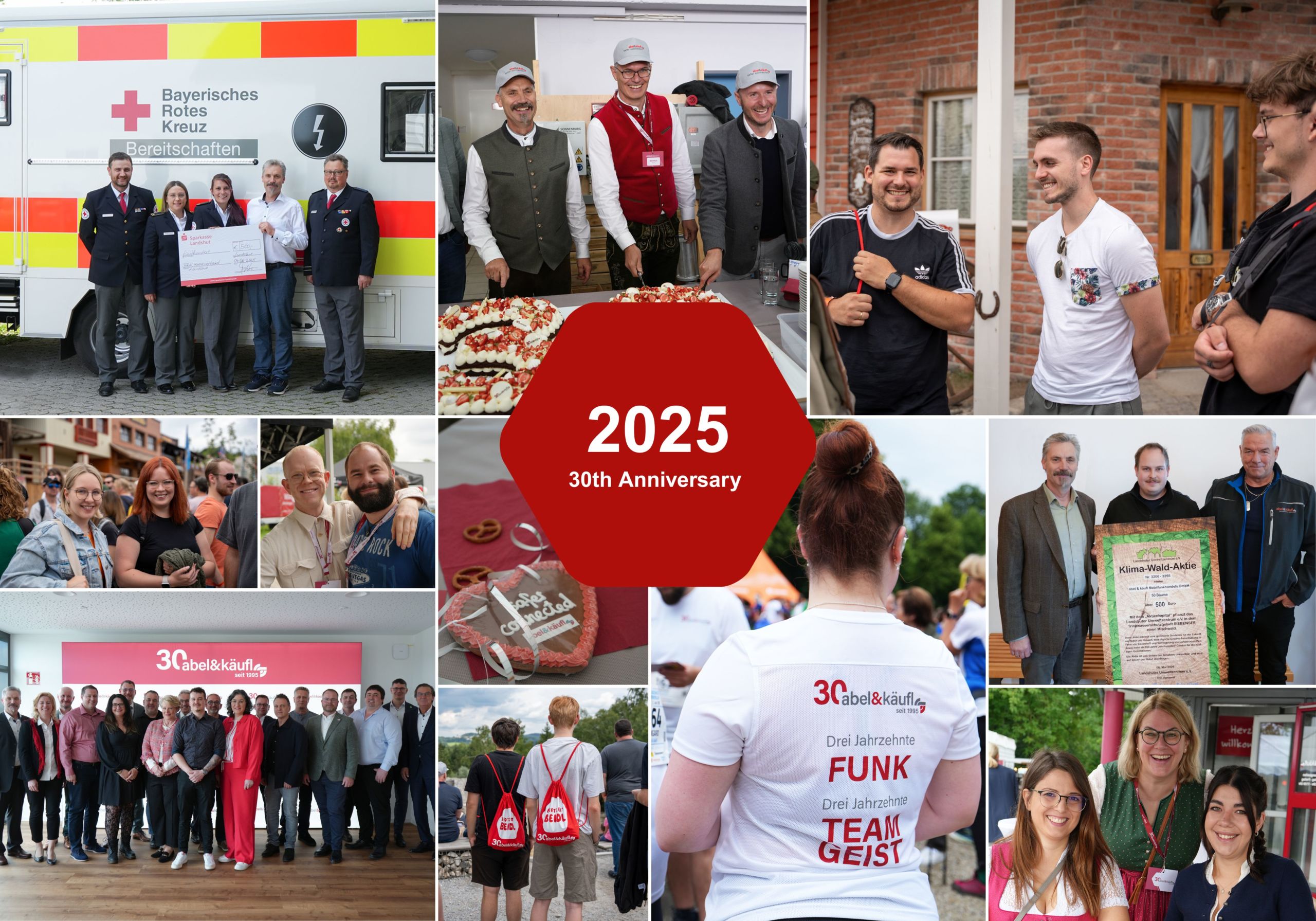 30th anniversary collage showing employees, company events, donations and milestones from 30 years of abel&käufl
