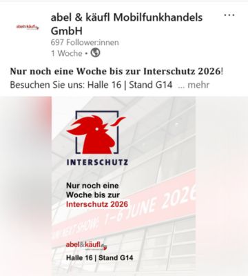 Grafik mit INTERSCHUTZ-Logo und Countdown zur INTERSCHUTZ 2026. Die Grafik weist darauf hin, dass nur noch eine Woche bis zur Messe verbleibt und nennt den Messestand von abel&käufl in Halle 16, Stand G14.