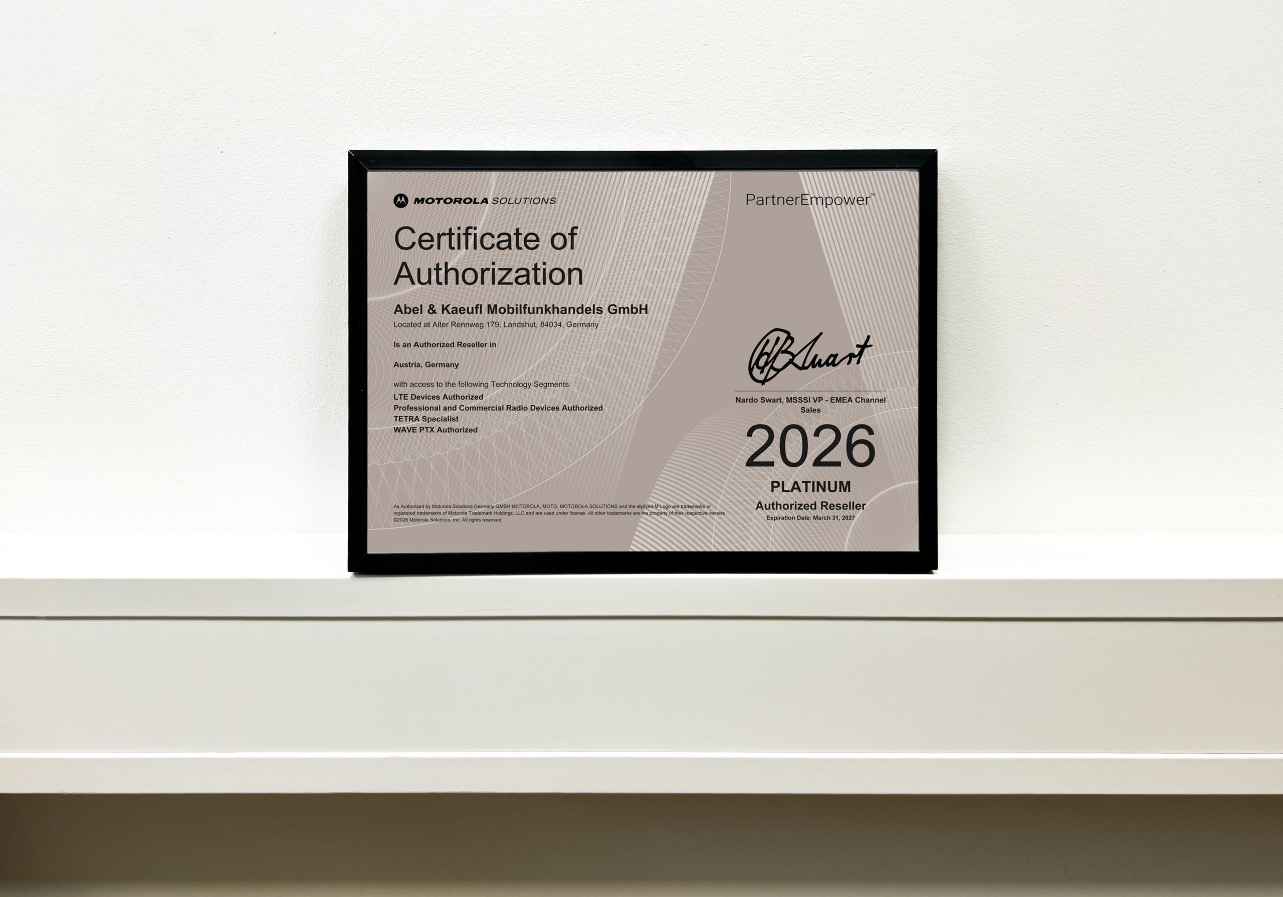 Motorola Solutions Platinum Authorized Reseller Auszeichnung 2026 für abel&käufl