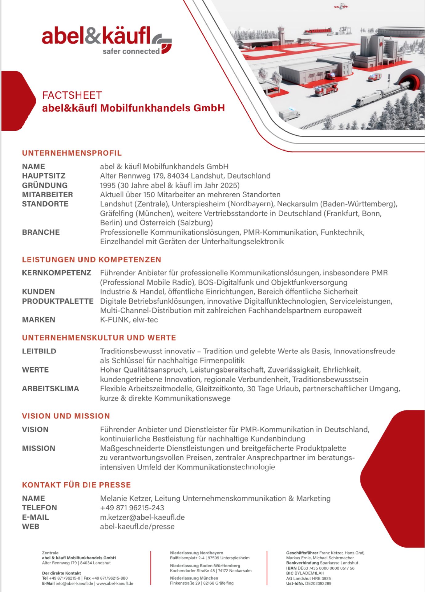 Factsheet von abel&käufl mit Unternehmensinformationen, Kennzahlen und Ansprechpartnern für Medien.
