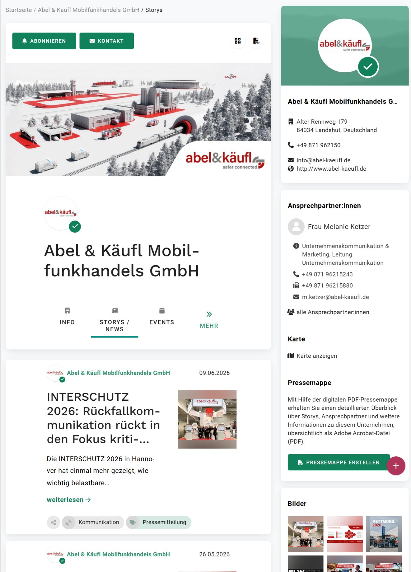 Screenshot der Pressebox von abel&käufl mit aktuellen Pressemitteilungen und Unternehmensnews.